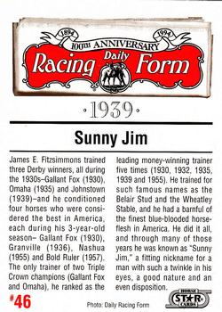 1993 Horse Star Daily Racing Form 100th Anniversary #46 Sunny Jim Fitzsimmons Back